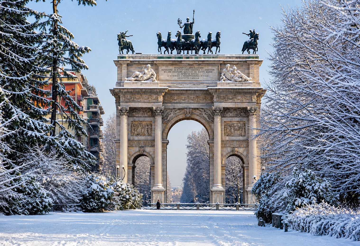 Milan triumphal arch in a snowy park